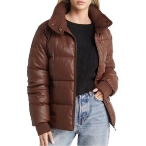 Sam Edelman Brown Faux Leather Ribbed Collar Puffer Jacket Size Medium Flawed